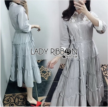 Shirt Dress with Ribbon เชิ้ตเดรสลายทางปักลาย