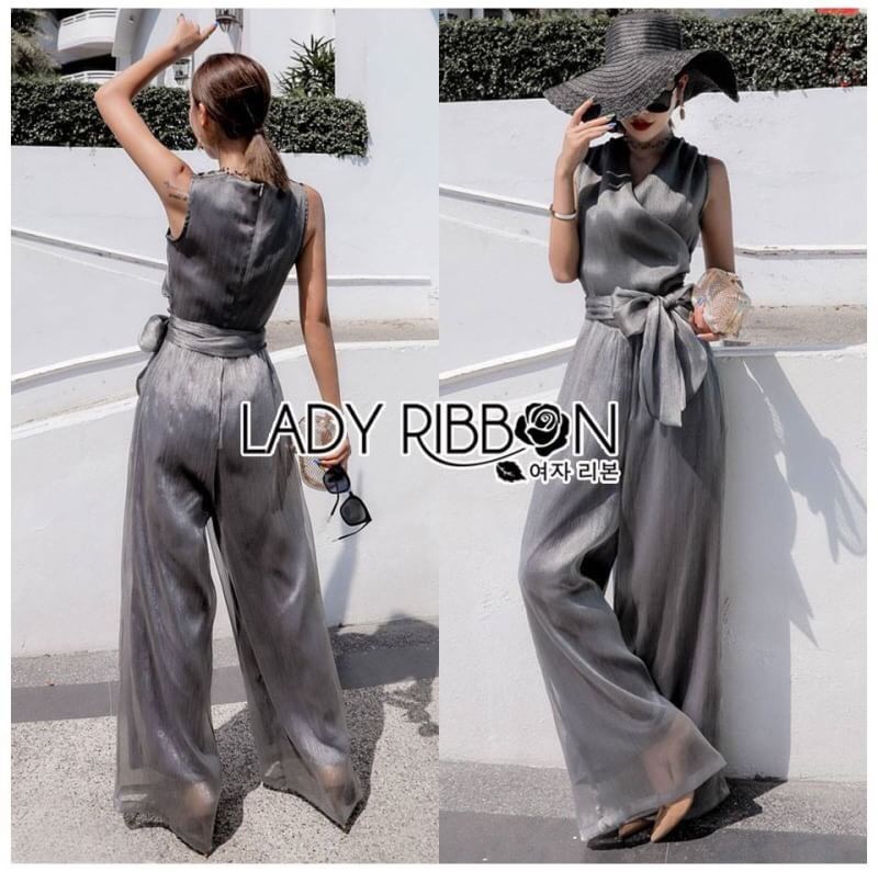 Jumpsuit with Ribbon จัมป์สูทขายาวผ้าชีฟองสีเทา