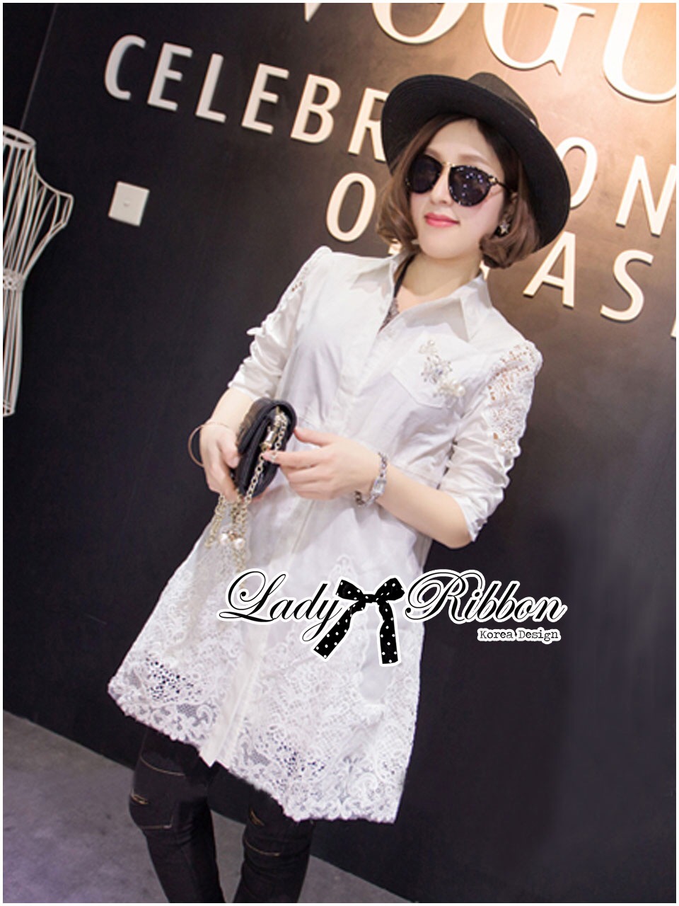 Lady Ribbon Shirt Dress ส่งเสื้อเชิ้ตเดรสขาวปักมุกมีราคาตกแต่งผ้าลูกไม้พร้อมเข็มขัด lady ribbon ตัวนี้เป็นแนวหวาน