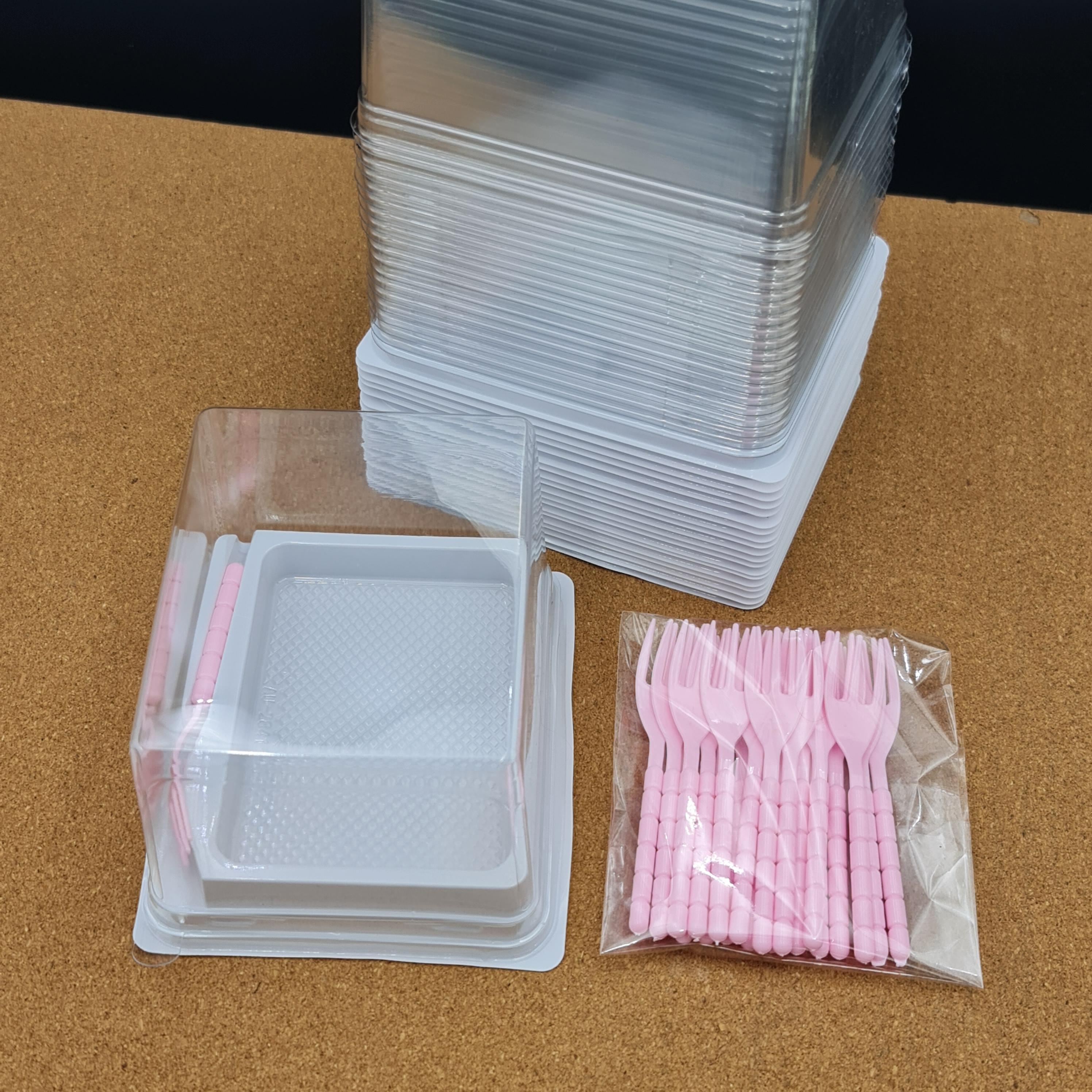 กล่องเค้ก+ส้อม สี่เหลี่ยมผืนผ้า 10.5×7.5×สูง6.5cm. ฝาไม่ล็อค 20ชุด/แพ็ค กล่องเบเกอรี่ แพ็กเกจจิ้ง แพ็คเกจ bbpo j12