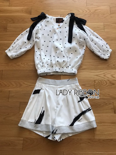 Set เซ็ตเสื้อชีฟองลายจุดหัวใจ