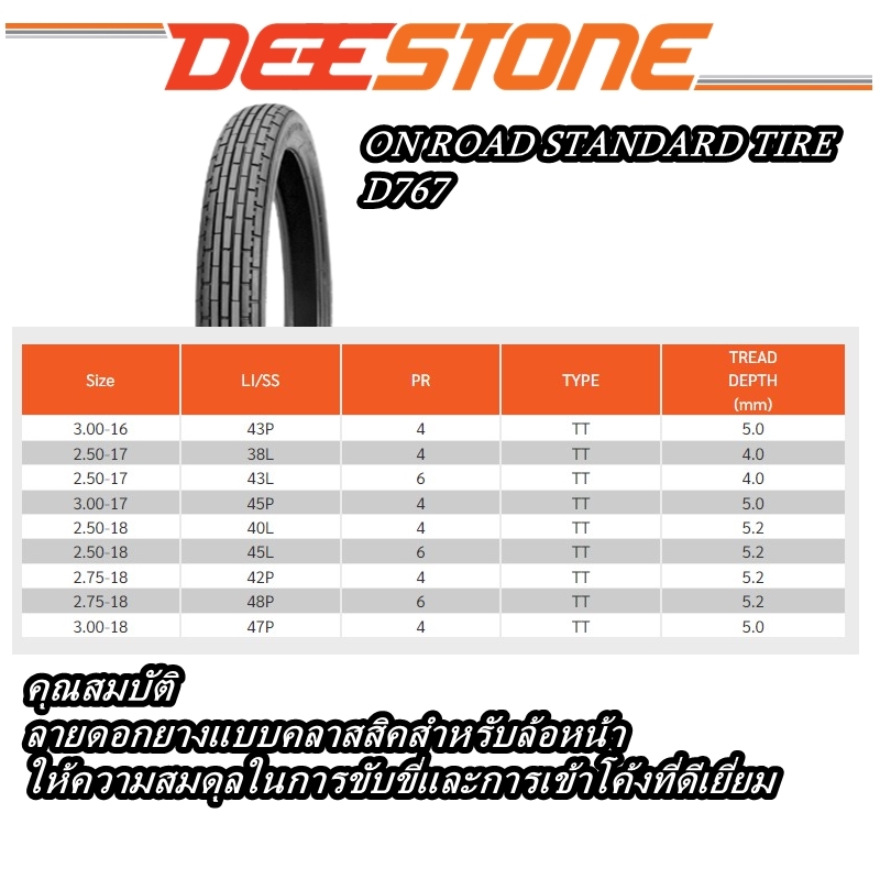 ยางมอเตอร์ไซค์ ยี่ห้อ DEESTONE รุ่น D767 ชนิด TT ลายตรง ขนาด 3.00-16 , 2.50-18 , 3.00-18