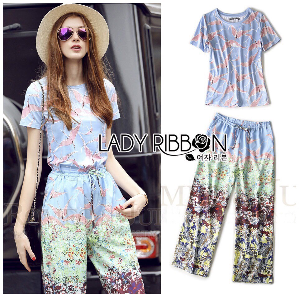 เสื้อผ้า : Lady Ribbon LR12190516 🎀 Lady Ribbon's Made 🎀 Lady Aimee Summer Casual Birdy Printed Jersey Cotton T-Shirt and Pants Set