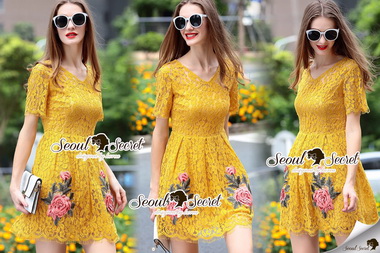Lady Ribbon Online เสื้อผ้า Seoul Secret SS16300616 Seoul Secret Say's... Girly Yellow Lace Rosy Stick Dress