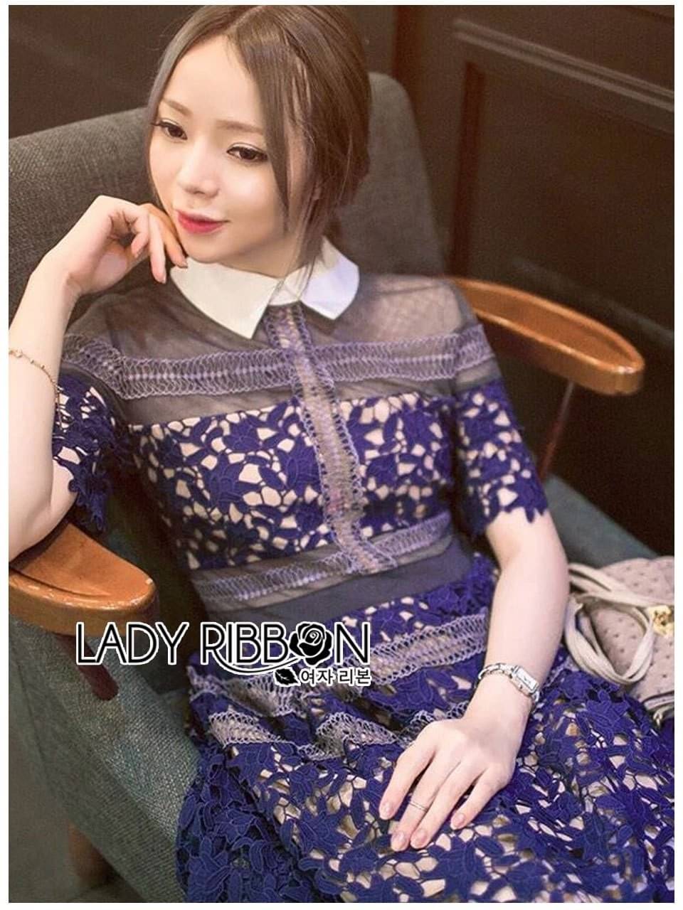 ผ้าลูกไม้สีน้ำเงินตัดสลับกับผ้าโปร่ง