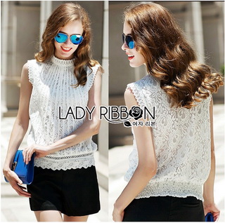 LR07220816 🎀 Lady Ribbon's Made 🎀 Lady Anna Classic Vintage High-Neck Lace Blouse เสื้อแขนกุดคอสูง