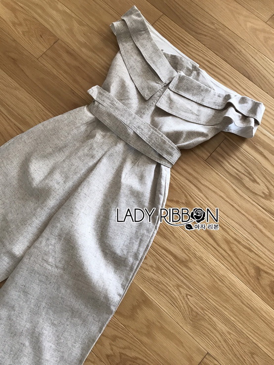 จัมป์สูทผ้าลินินทรงเปิดไหล่ตกแต่งเลเยอร์