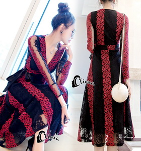 Lace Dress เดรสยาวลูกไม้นิ่มแดงดำ