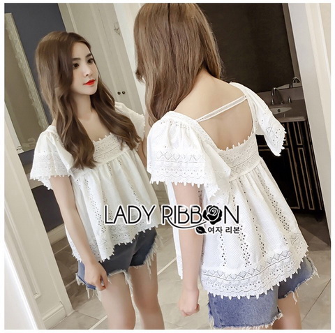 เสื้อแขนระบายผ้าลูกไม้สีขาวสไตล์วินเทจ