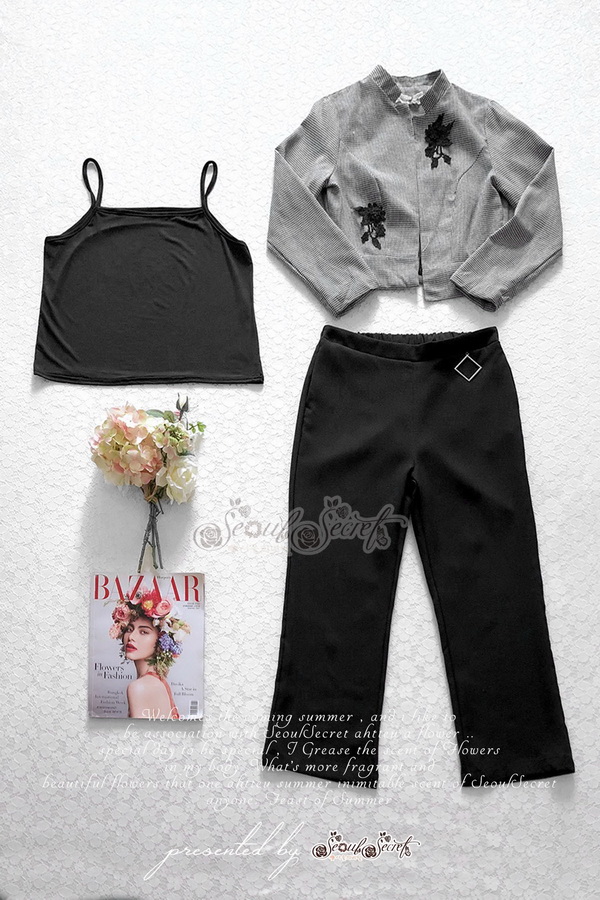 เสื้อสูทแขนยาวทรงเสื้อครอปเนื้อผ้าทอลายตาราง