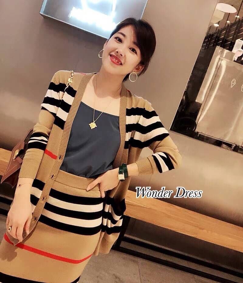 เซทเสื้อคาดิแกนแขนยาวผ้าไหมพรมทอลาย