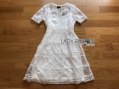 Embroidered Lady Ribbon White Lace Dress