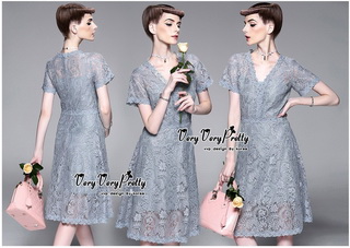 VP01310816 Vintage Silver Florals Lace Dress เดรสผ้าลูกไม้ทั้งตัวสไตล์วินเทจ