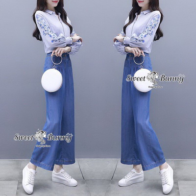 เสื้อผ้าคอตตอนเชิ้ตลายทางริ้วฟ้าขาว