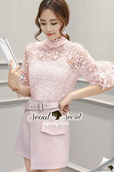 SS07010916 Seoul Secret Say's .... Pastel Pink Lace Belly Sleeve Set Material : เนื้อผ้าลูกไม้ปั