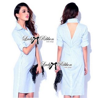 Lady Ribbon Online ขายส่งเสื้อผ้าออนไลน์ Lady Ribbon LR03040816 🎀 Lady Ribbon's Made 🎀 Lady Lilly Chinoise Chic Backless Shirt Dress