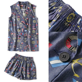 Lady Ribbon Online เสื้อผ้าออนไลน์ขายส่ง Normal Ally เสื้อผ้า NA03180816 🎉Normal Ally Present Anchor denim print Summer set🎉 (เสื้อ + เสื้อตัวใน + กางเกง, มีซับใน)