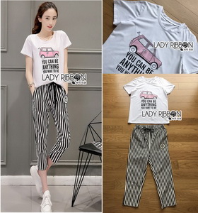 T-Shirt and Lady Ribbon Striped Pants Set