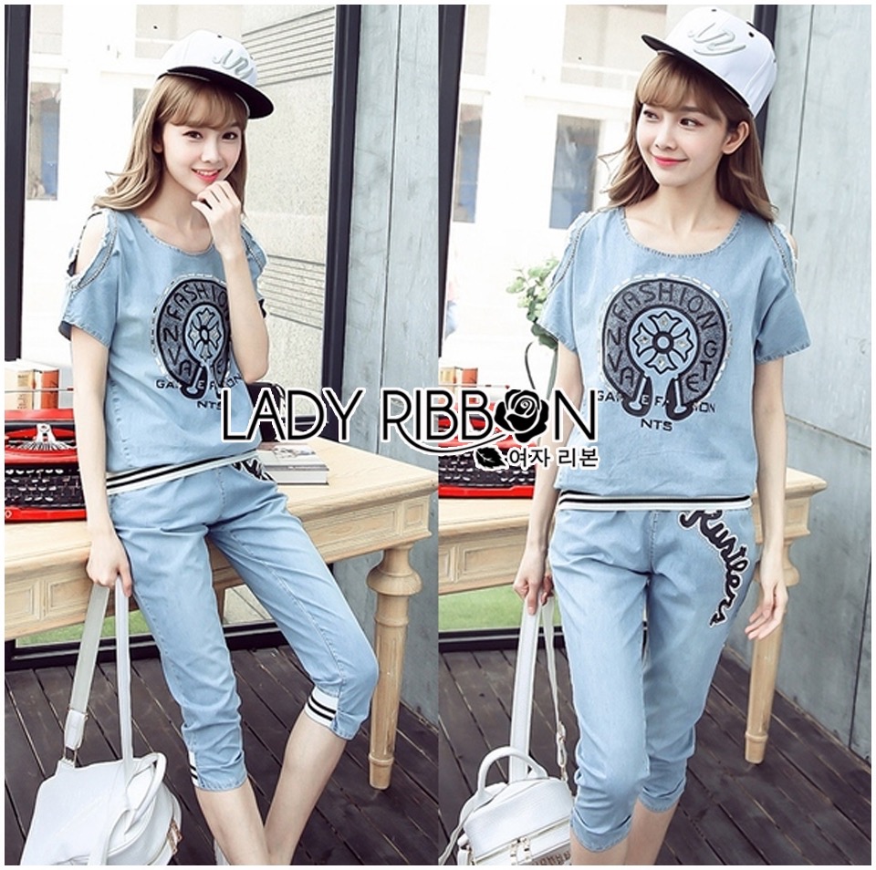 🎀 Lady Ribbon's Made 🎀 ขายส่ง Lady Joclyn Street Sporty Chic Embellished Denim Set ขายเซ็ตเสื้อและกางเกง