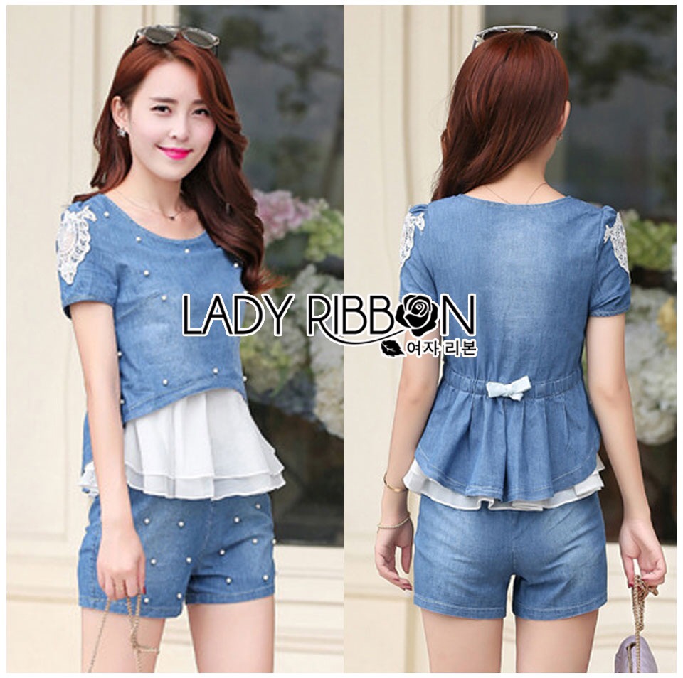 🎀 Lady Ribbon's Made 🎀 ขายส่ง Lady Monica Casual Chic Pearl Embroidered Denim and Chiffon Set ขายส่งเซ็ตเสื้อแขนสั้น