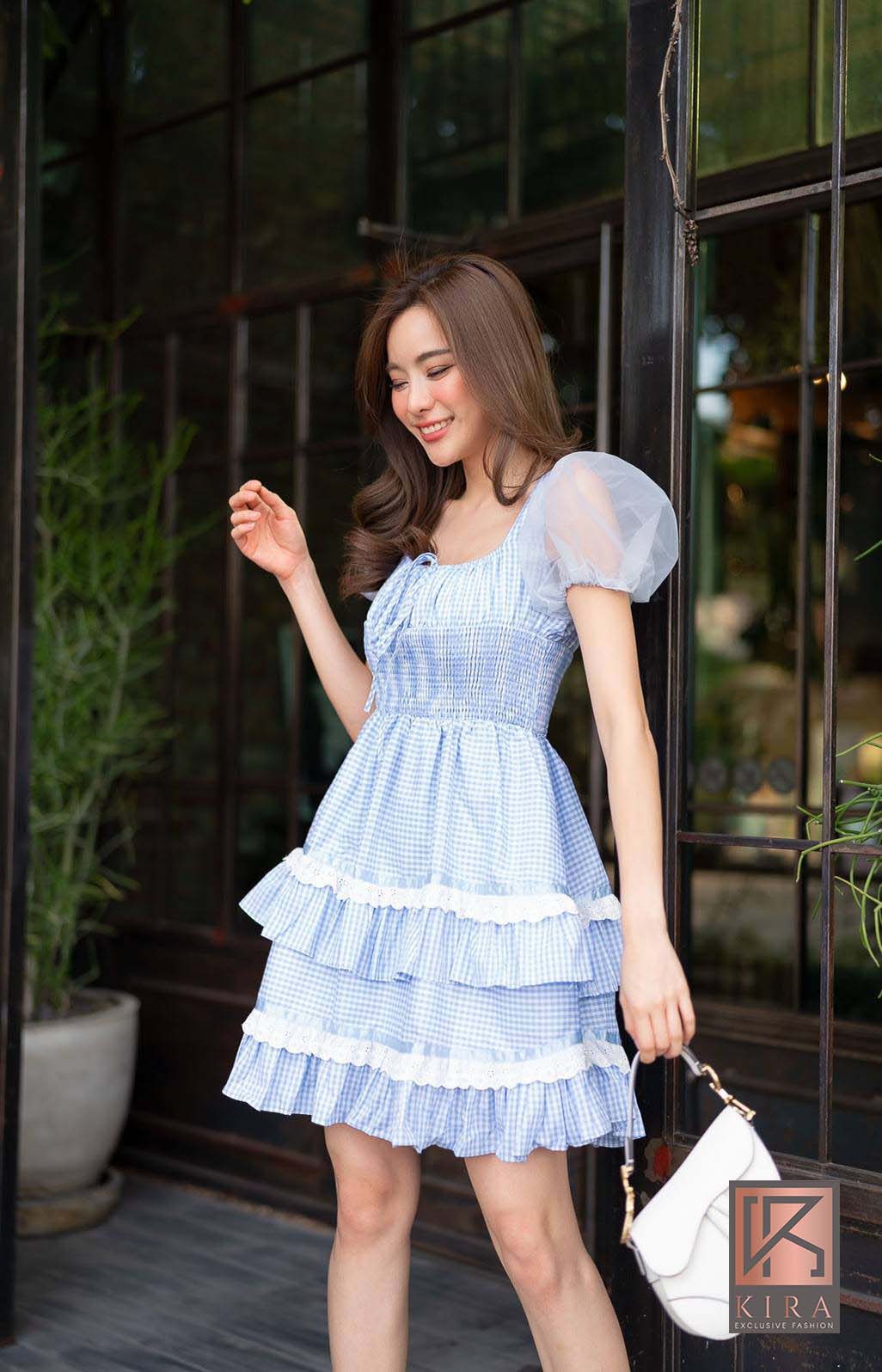 เดรสลายสก็อต แต่งเเขนทรงตุ๊กตา