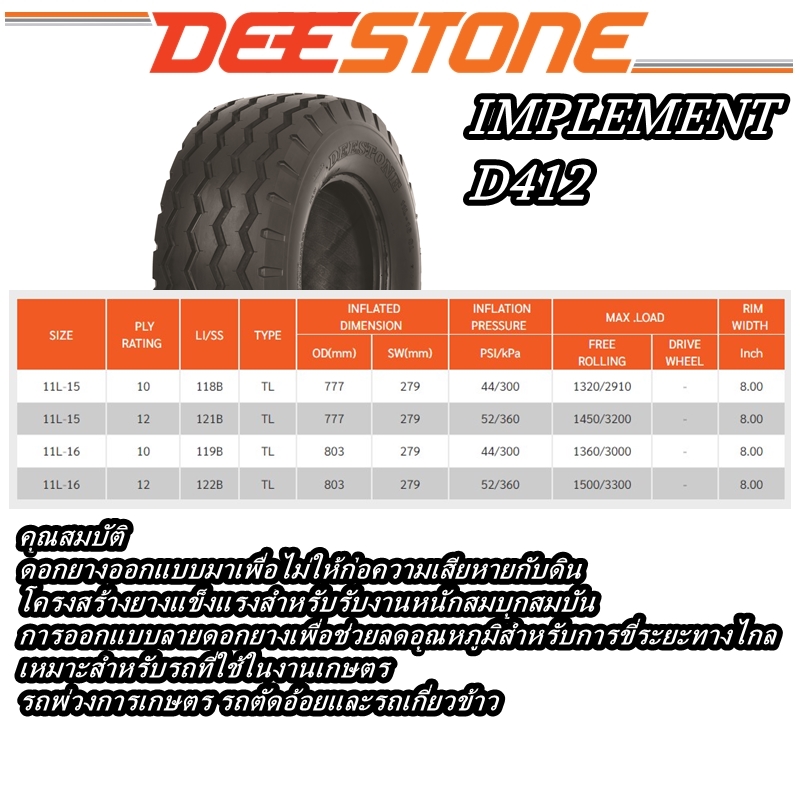 ยางรถอุตสาหกรรมและการเกษตร รุ่น D412 ชนิด TL ยี่ห้อ Deestone ขนาด 11L-15,11L-16