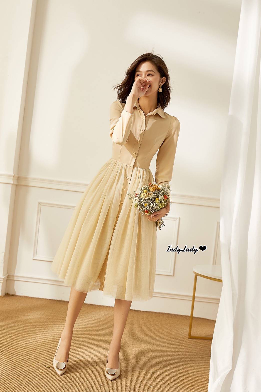 Dress แขนยาว คอปก แต่งกระดุมหน้ายาว