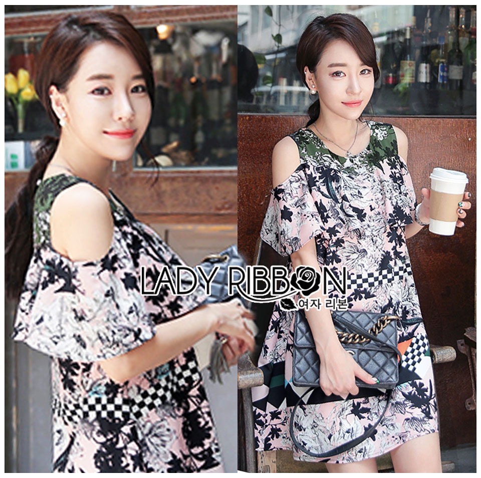 Lady Ribbon's Made 🎀 Lady Rachel Print on Print Cut-Out Dress เสื้อผ้าเดรสคัทเอาท์ไหล่ลายพิมพ์ซ้อนลาย lady ribbon ตัวนี้พร้อมส่ง