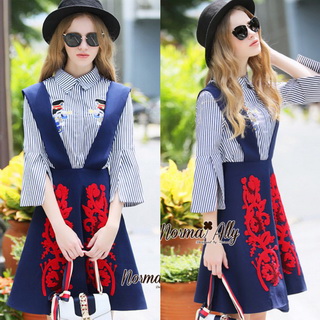 NA12290816 🎉Normal Ally Present Embroidered skirt autumn new collection and striped shirt🎉 (เสื้อเชิตริ้วปักการ์ตูน+ กป.ปักนูนลายกราฟฟิก, มีซับในอย่างดี)