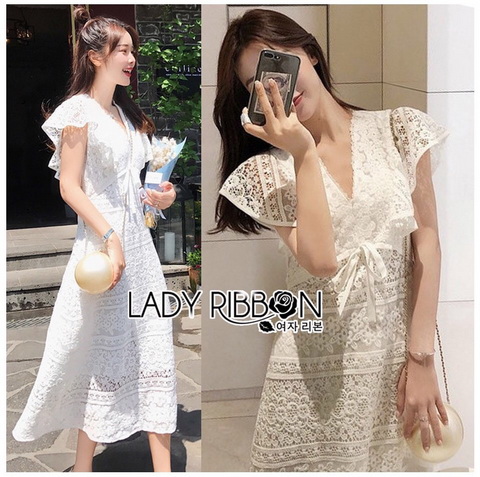 เดรสผ้าลูกไม้ตกแต่งริบบิ้นสุดหรู ตัวนี้เป็นแบบเฟมินีน