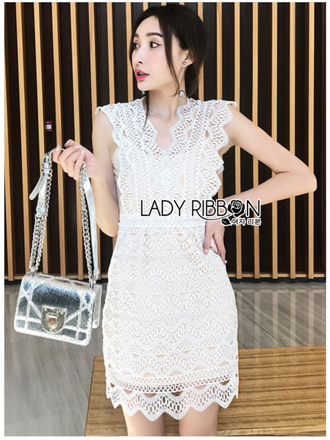 Lady Ribbon Dress with Beige Lining เดรสผ้าลูกไม้สีขาว