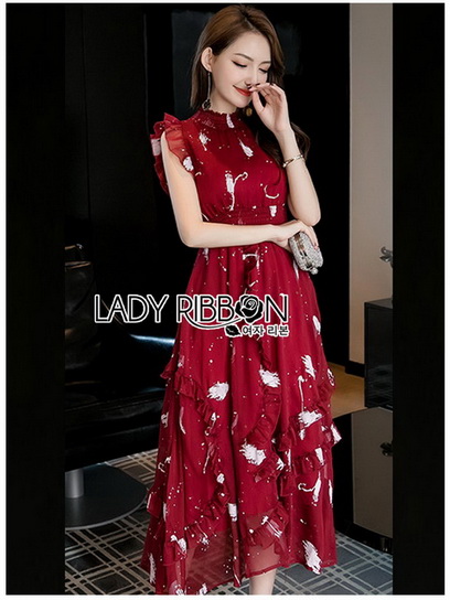 เดรสยาวผ้าชีฟองสีแดงพิมพ์ลายตกแต่งระบาย