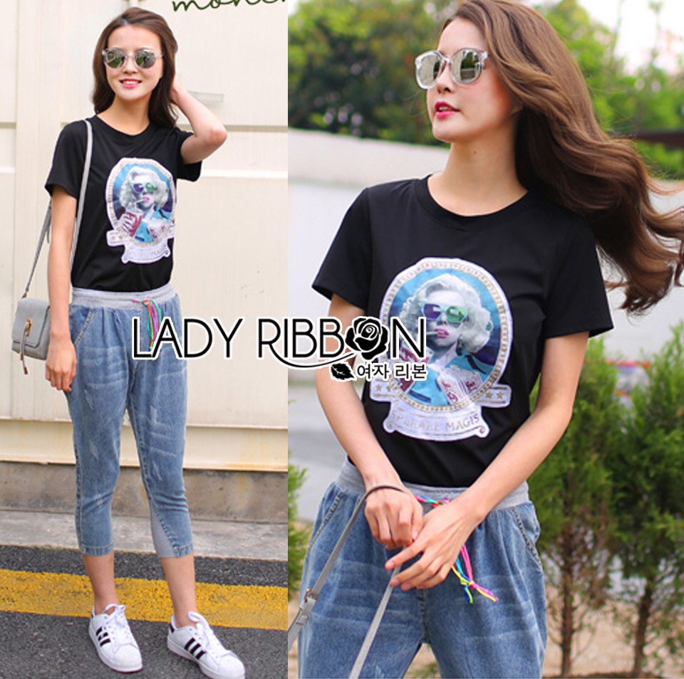 Ladyribbon Lady Ribbon เสื้อผ้าพร้อมส่ง เสื้อผ้า Lady Ribbon พร้อมส่ง เลดี้ริบบอน LR12260216 🎀 Lady Ribbon's Made 🎀 Lady Alana Casual Sporty Printed T-Shirt and Denim Sweat Pant