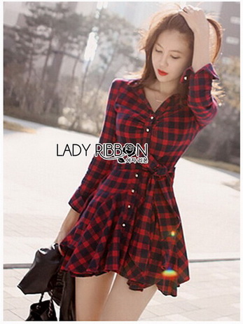 Red Tartan Ruffle Lady Ribbon Shirt Dress