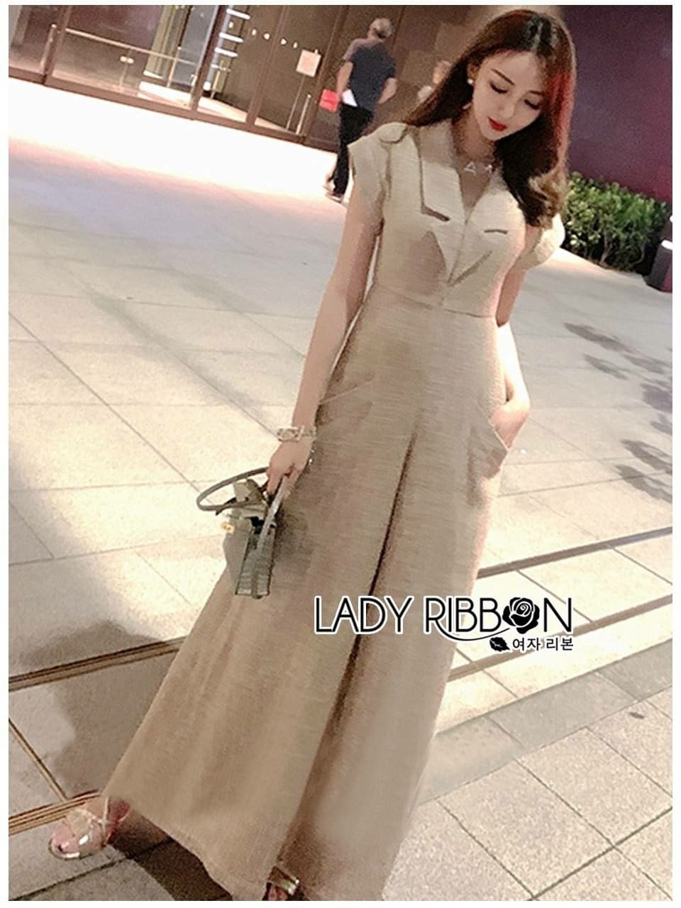 จั๊มสูทขายาวสีครีมเหลือบทอง