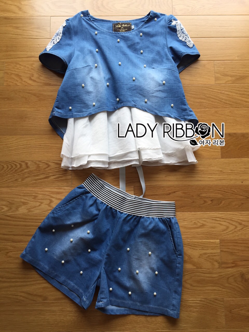 🎀 Lady Ribbon's Made 🎀 ขายส่ง Lady Monica Casual Chic Pearl Embroidered Denim and Chiffon Set ขายส่งเซ็ตเสื้อแขนสั้น