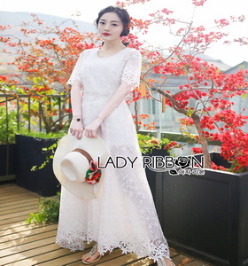 Lady Ribbon Summer Casual Basic White Lace Maxi Dress