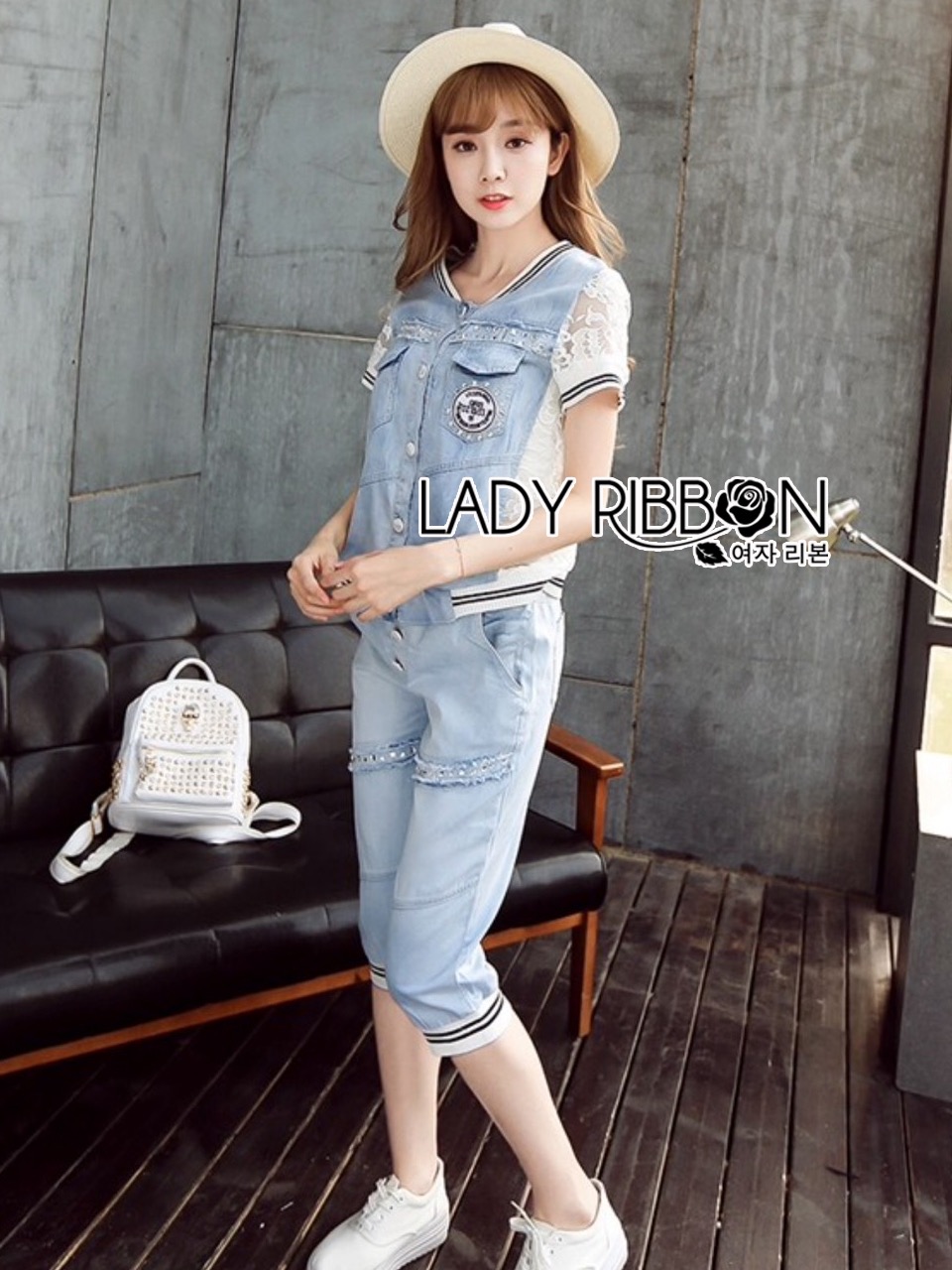 Lady Ribbon's Made 🎀Lady Chloe Sport Casual Embellished Denim Top and Pants Set เสื้อผ้าเซ็ตเสื้อแจ๊คเก็ต
