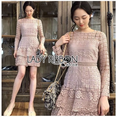 เดรสสั้นผ้าลูกไม้ทรงแขนยาว