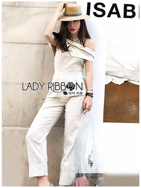 จัมป์สูทผ้าลินินทรงเปิดไหล่ตกแต่งเลเยอร์