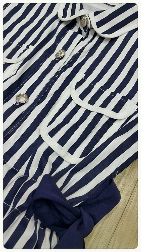 เสื้อกางเกง ผ้าลายริ้วสีน้ำเงินขาวคอปก