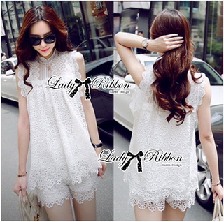 Lady Ribbon Online ขายส่งเสื้อผ้าออนไลน์ Lady Ribbon พร้อมส่ง LR11040816 🎀Lady Ribbon's Made🎀Lady Blaire Pretty Sweet Floral White Lace Ensemble Set