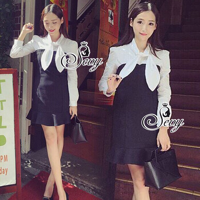 Sevy SV13060616 Cool Item-Restock 🎉Sevy Ribbon Neck Long Sleeve Contrast Bust Mini Dress