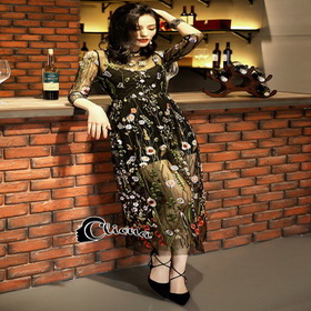ชุดเดรสยาวซีทรูสีดำงานปัก