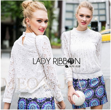 Lady Ribbon Online ขายส่งเสื้อผ้าออนไลน์ ขายส่งของแท้พร้อมส่ง Lady Ribbon LR02050716 🎀 Lady Ribbon's Made 🎀 Lady Becca Smart Elegant High-Neck White Lace Blouse