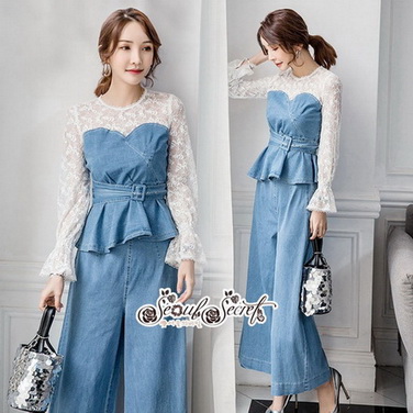 ผ้ายีนนิ่มใส่สบายเก๋ๆด้วยงานต่ออกผ้าลูกไม้สีขาว