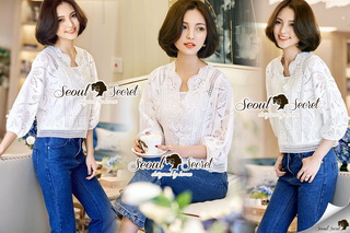 SS20010916 Seoul Secret Say's... Korea Chiffon Ivory Blouse Material : ทรงสวยสไตล์สาวผู้ดีด้วยทรงเสื้คอวี