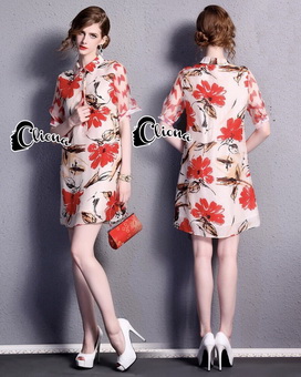 Lady Ribbon Online ขายส่งเสื้อผ้าออนไลน์ Cliona CN01030816 พร้อมส่ง Cliona made' Red Flowers Chinese Painting Shirt Dress - Dress Shirt