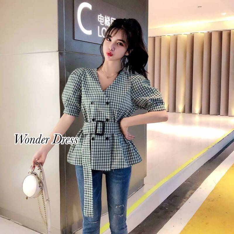 เสื้อตารางเล็กแขนพองเนื้อผ้าใส่สะบาย