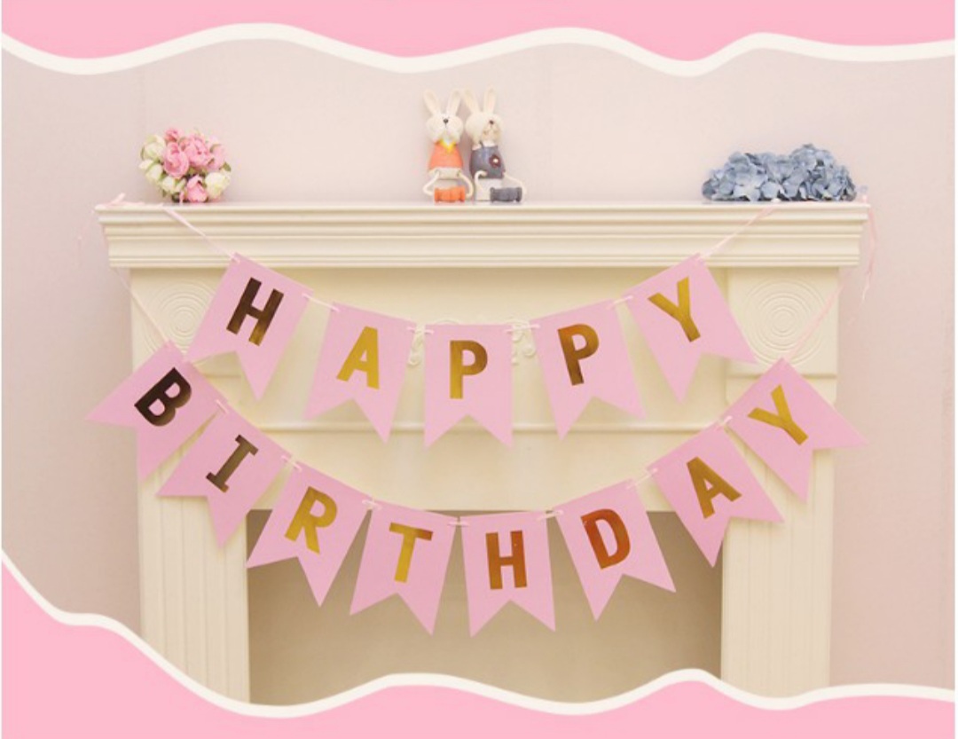 ป้ายธงวันเกิดสีชมพูอ่อน ธงราววันเกิด ป้ายแบรนเนอร์ Happy Birthday Party Flag Branner